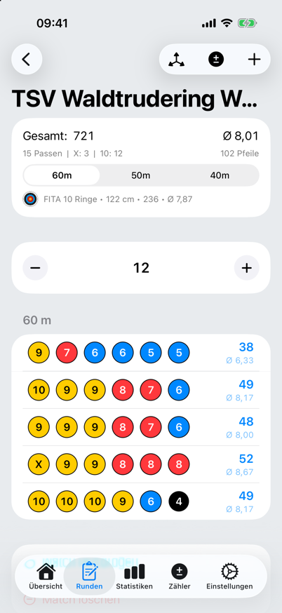 Runde mit vier Abschnitten über 90, 70, 50 und 30 Meter