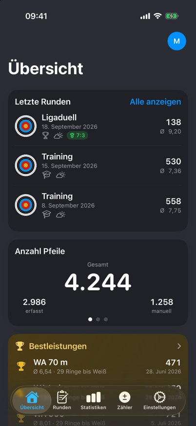 Übersicht in ArrowNotes mit letzten Runden, Pfeilzahl und Trends