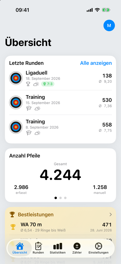 Übersicht in ArrowNotes mit letzten Runden, Pfeilzahl und Trends