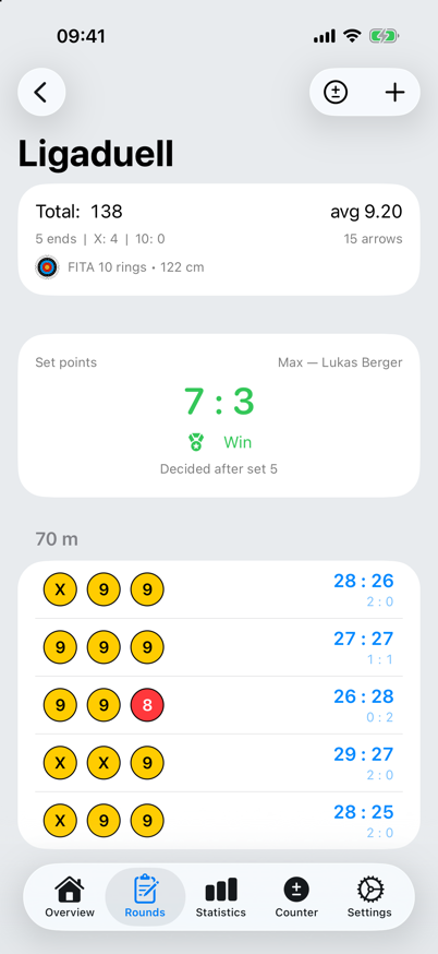 Match scoring with set points and set list