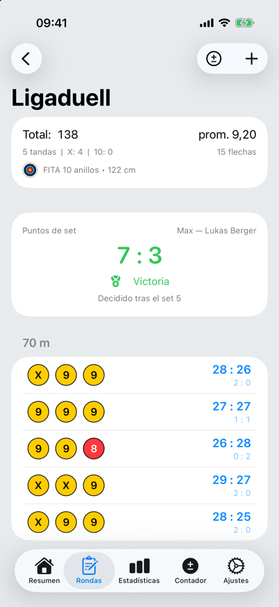 Puntuación de duelo con puntos de set y lista de sets