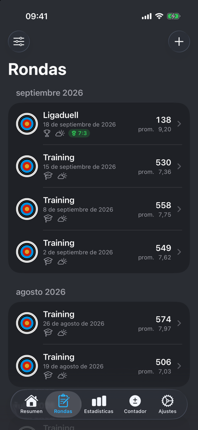 Lista de rondas agrupadas por mes